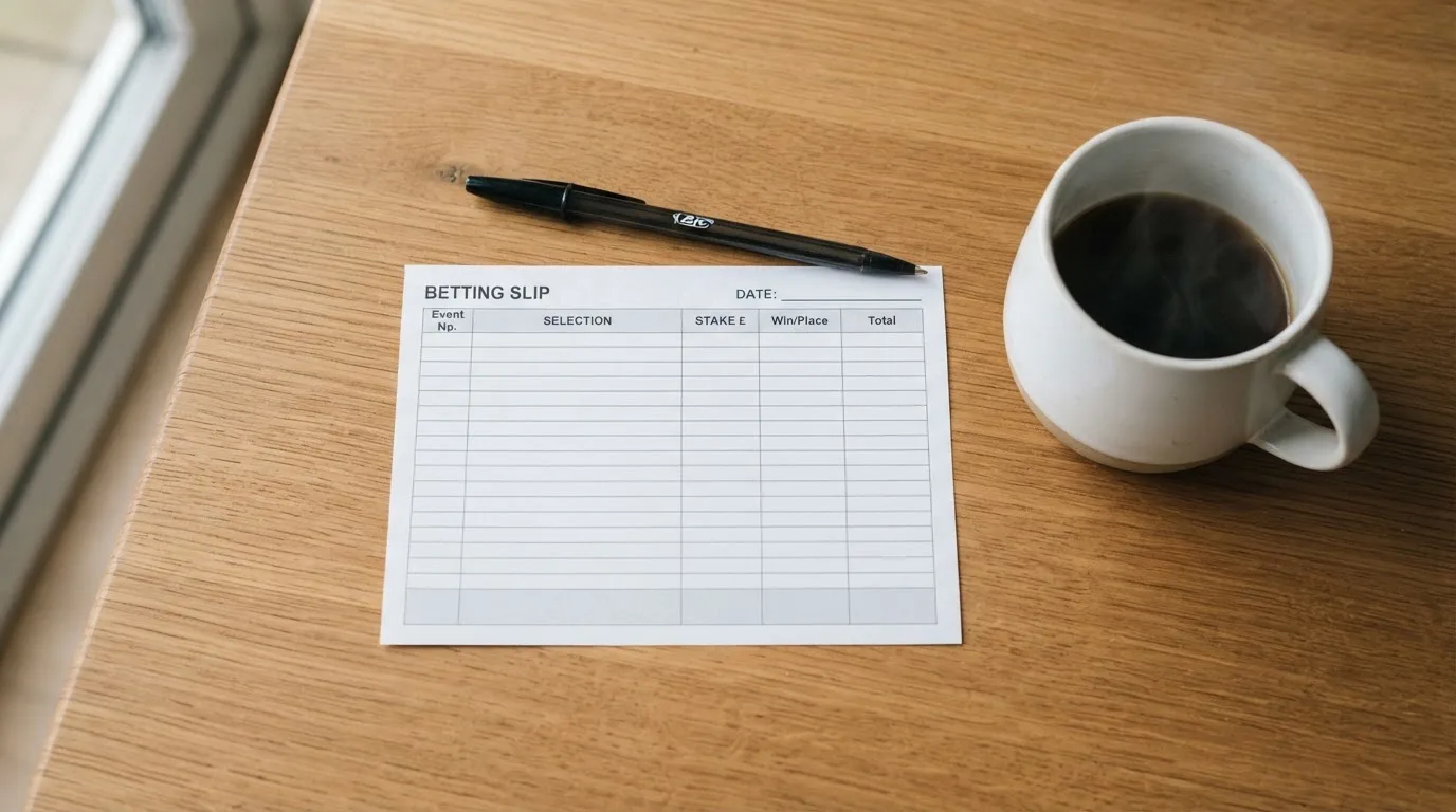 Ein leerer Wettschein aus Papier liegt neben einem Kugelschreiber und einer Tasse Kaffee auf einem Holztisch, Aufnahme von oben.