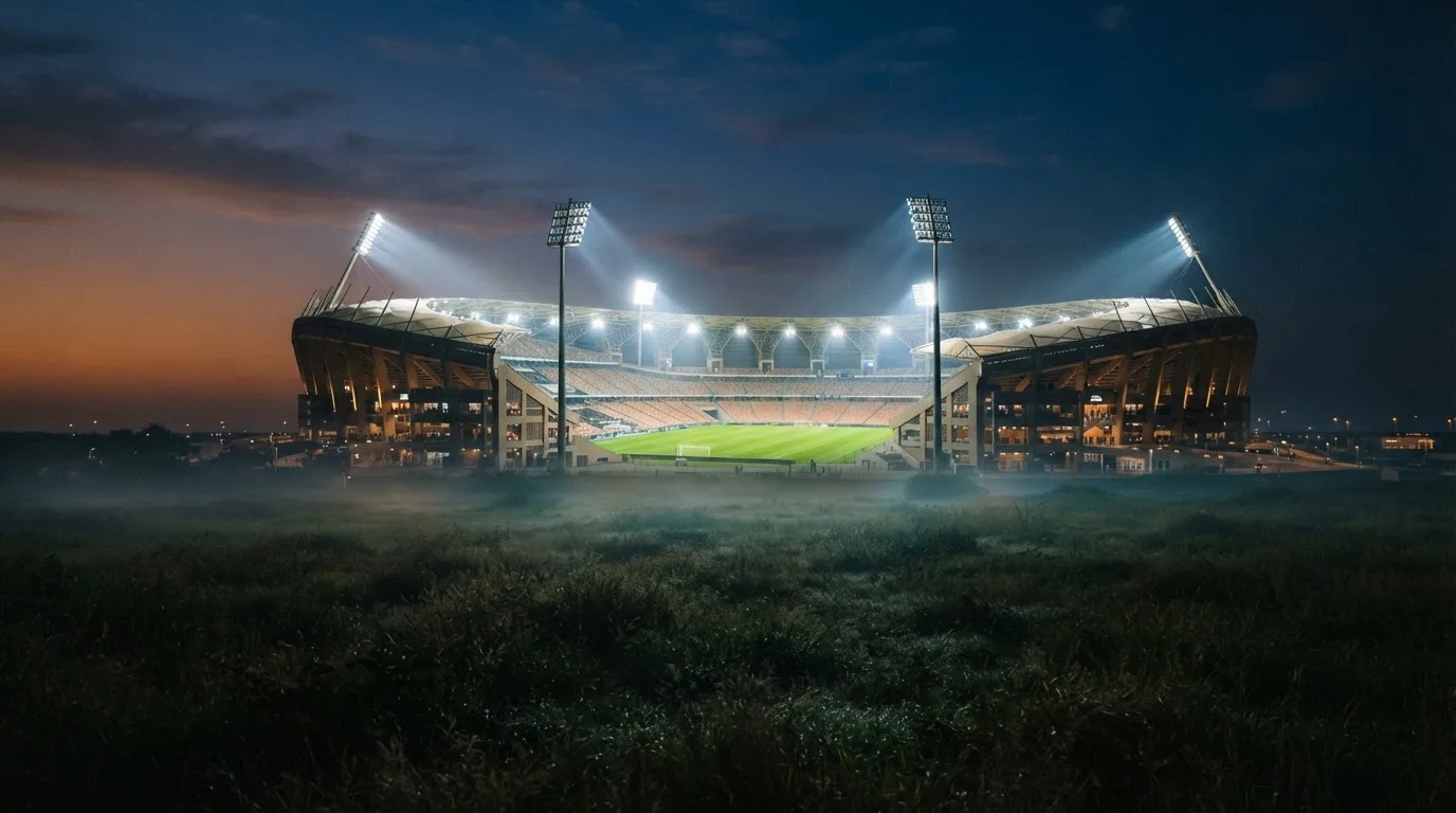 Ein großes Stadion unter Flutlicht, aus der Ferne über eine dunkle Wiese gesehen, die Lichtmasten spiegeln sich im Dunst der Abenddämmerung.