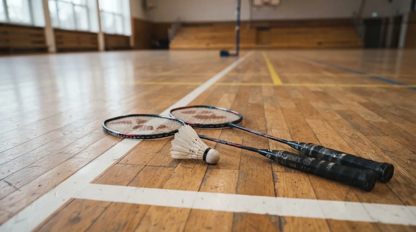 Zwei Badmintonschläger und ein Federball liegen auf einem Holzboden neben der Seitenlinie, weiches Licht fällt von der Seite ein.