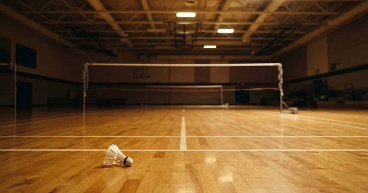 Eine leere Badmintonhalle mit gespanntem Netz und hellen Hallenlichtern, ein Federball liegt auf dem Hallenboden.