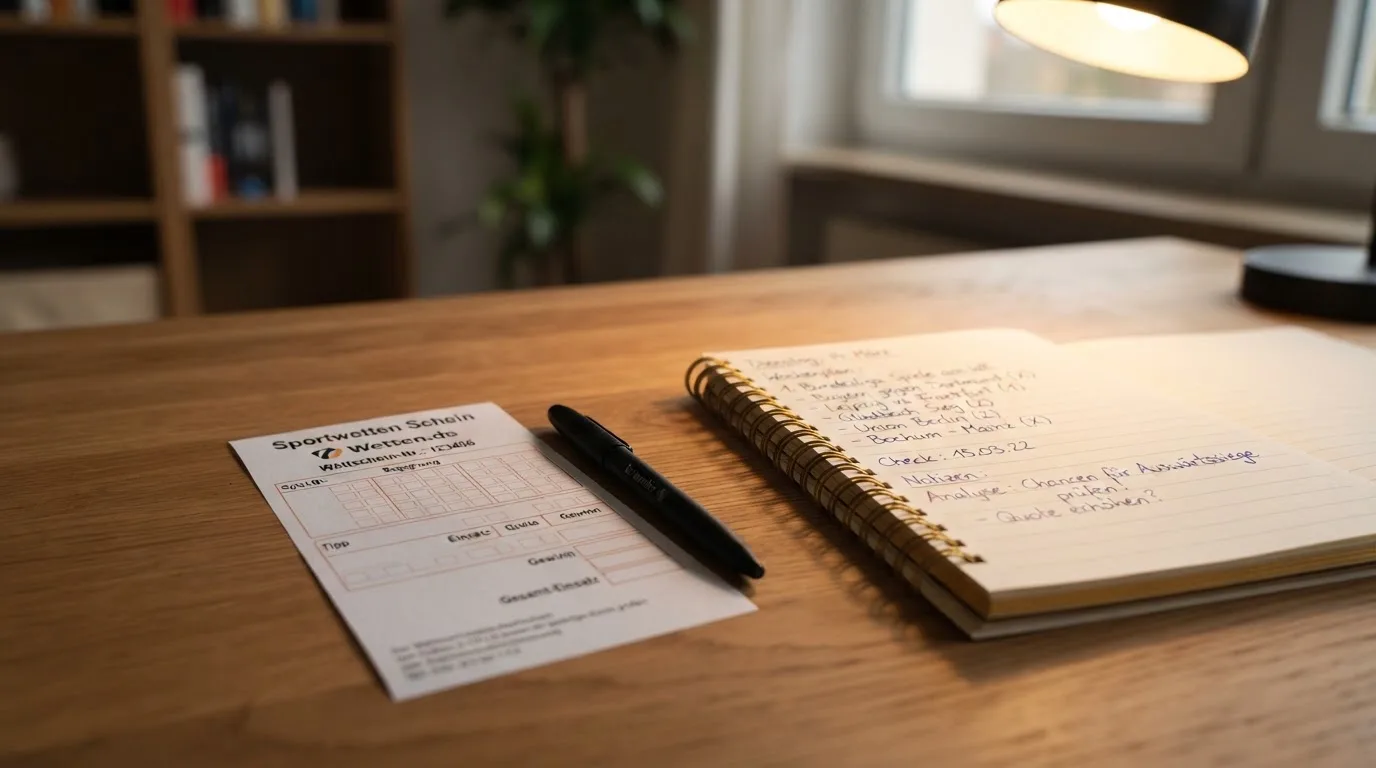 Ein leerer Papierwettschein und ein Kugelschreiber auf einer glatten Schreibtischplatte, daneben ein aufgeschlagenes Notizbuch mit handschriftlichen Notizen.