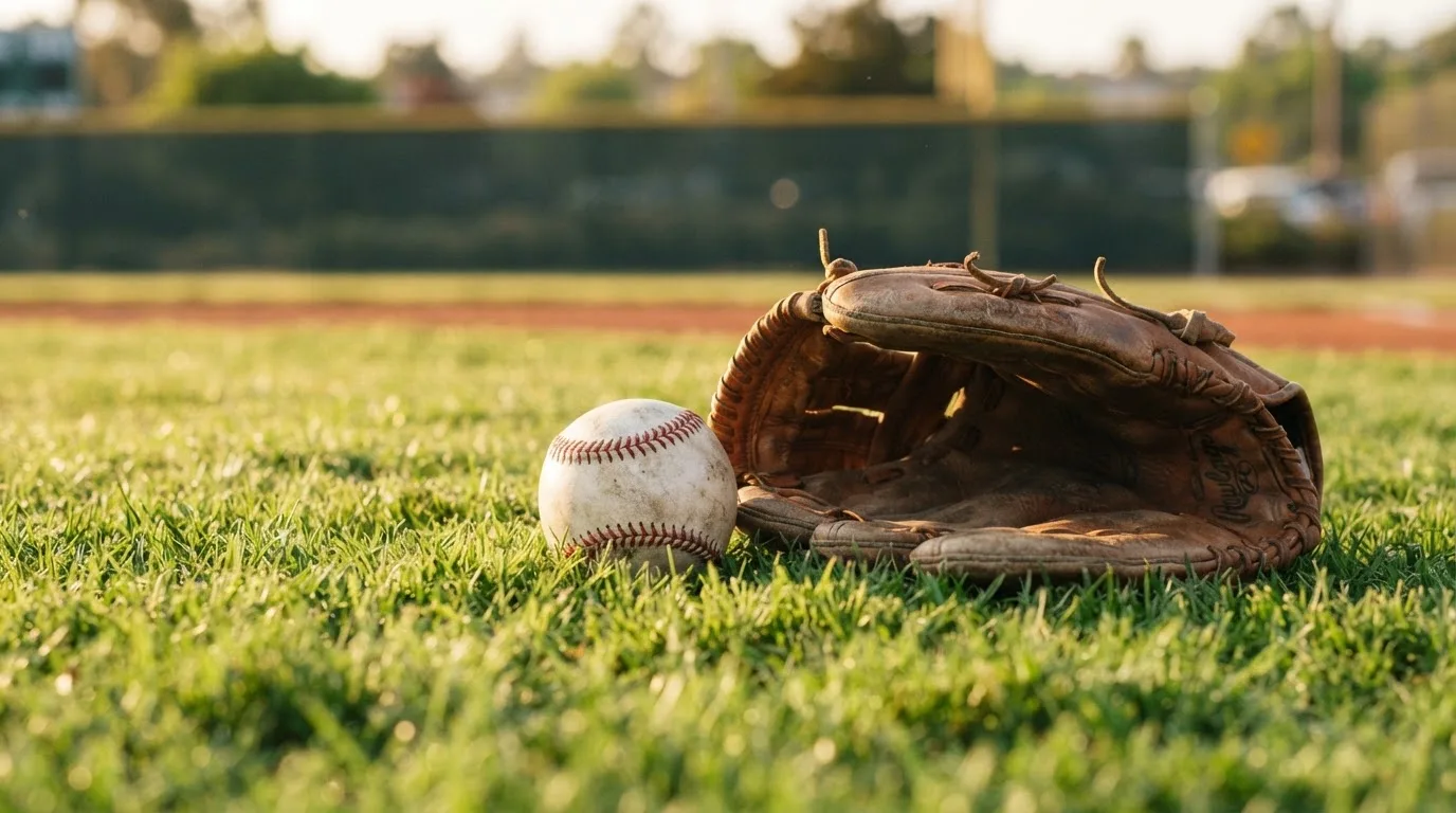 Ein weißer Baseball und ein Lederhandschuh liegen auf kurz geschnittenem Gras, im Hintergrund eine verschwommene Spielfeldbande.