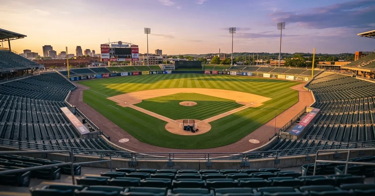 Ein Baseballfeld mit dem hellbraunen Infield und gepflegtem Rasen, von der Tribüne aus gesehen, die Ränge leer, tiefe Abendsonne.