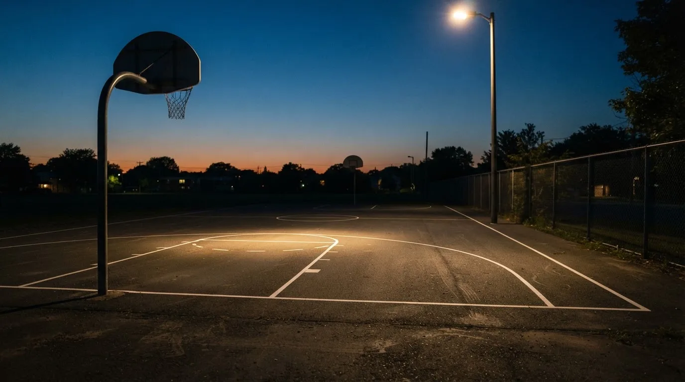 Ein Freiluft-Basketballplatz am Abend mit Asphalt, Linien und zwei Körben unter einer Straßenlaterne.