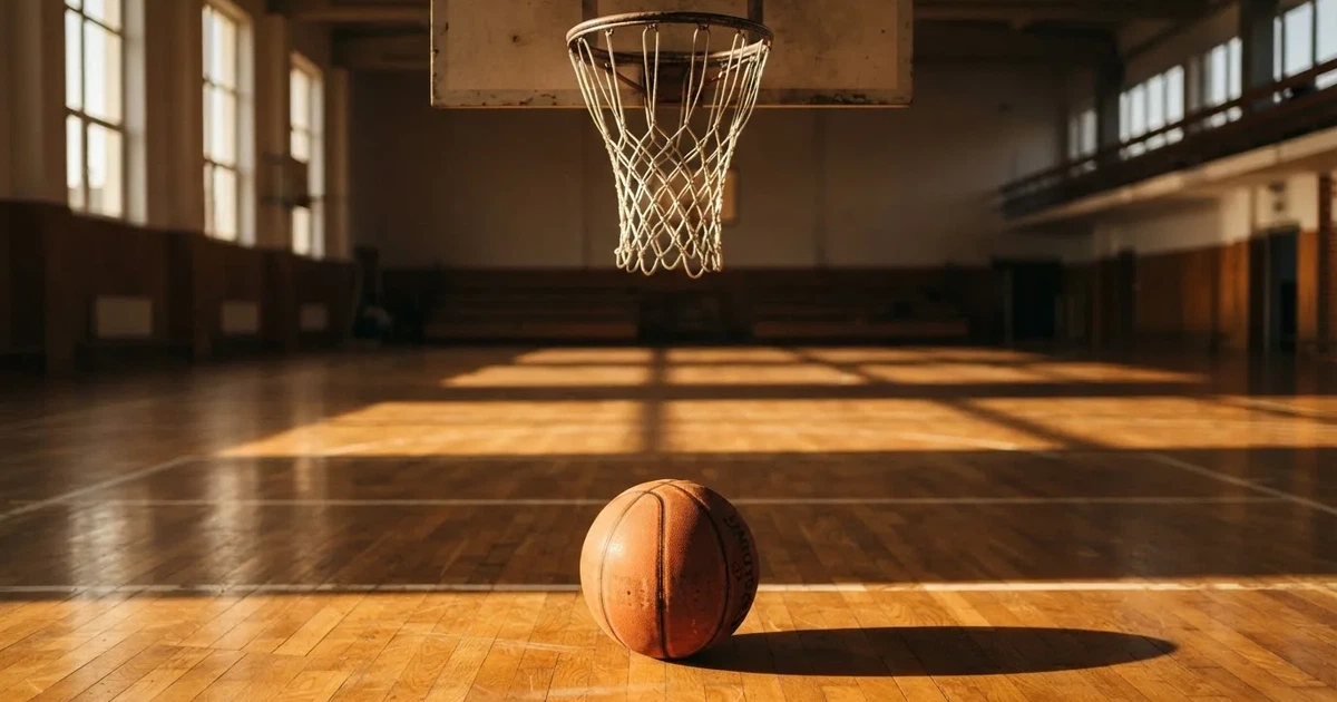 Ein Basketball liegt unter dem Korb auf dem Parkett einer leeren Sporthalle, Licht fällt durch hohe Fenster.