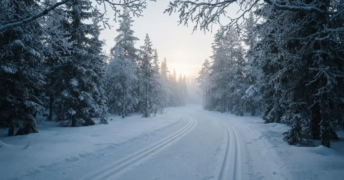 Eine verschneite Loipe zwischen Fichten im Morgenlicht, frische Spuren im Schnee, kein Mensch zu sehen.