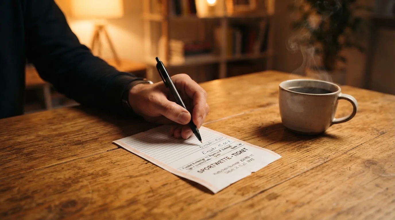 Ein leerer Papierwettschein und ein Kugelschreiber liegen auf einem Holztisch neben einer Tasse, warmes Licht einer Lampe.