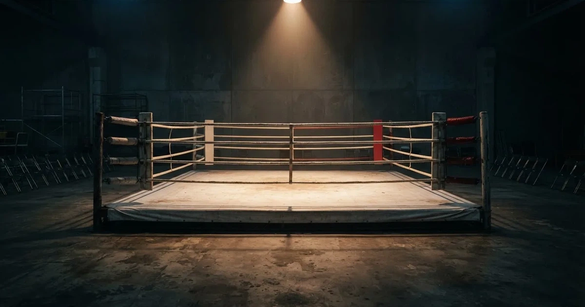 Ein Boxring mit gespannten Seilen in einer leeren Halle, ein einzelner Scheinwerfer leuchtet von oben auf die Ringmatte.