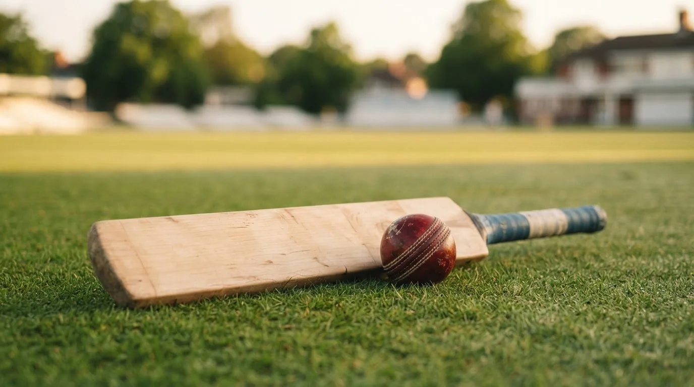 Ein Cricketschläger aus hellem Holz und ein roter Lederball liegen auf kurzem Rasen, weiches Abendlicht.