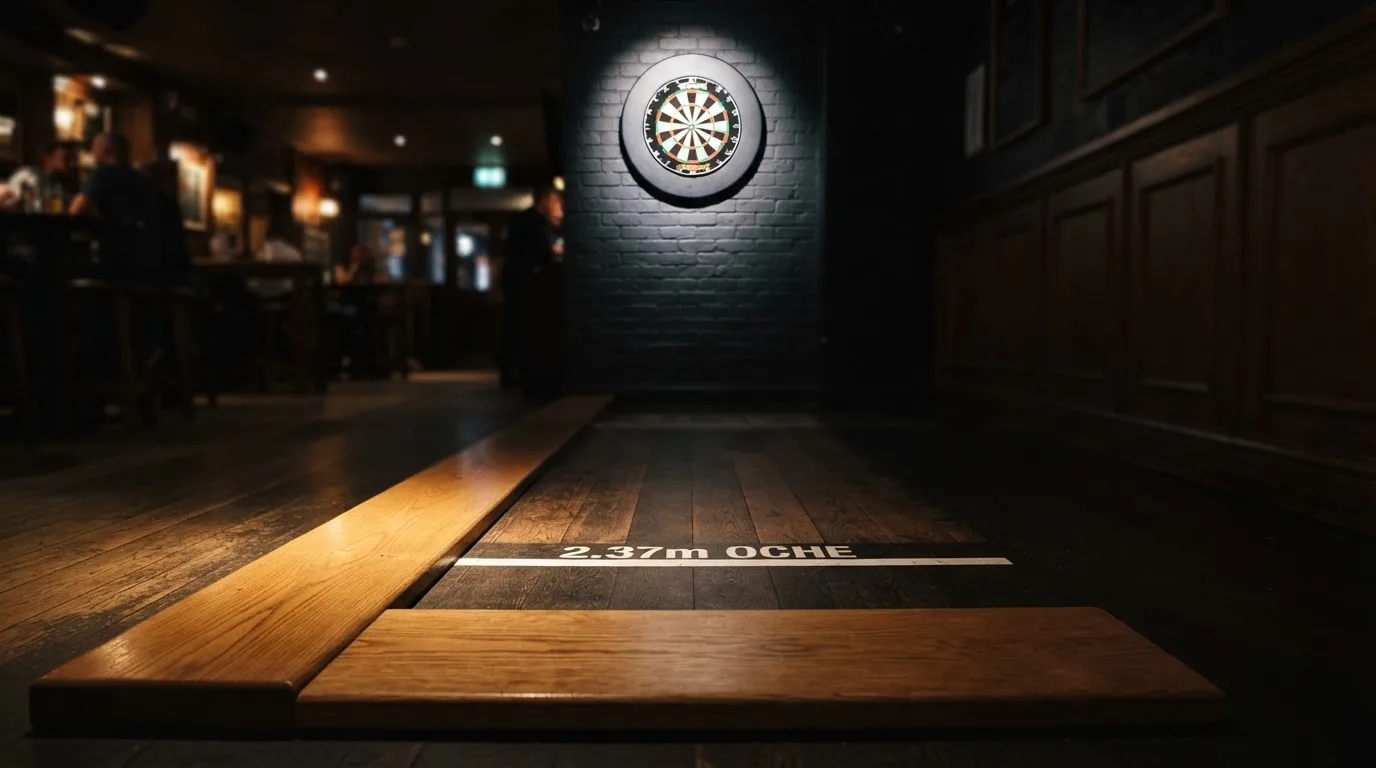Eine Wurflinie aus Holz auf dem Hallenboden, im Hintergrund in der Ferne eine Dartscheibe an der Wand.