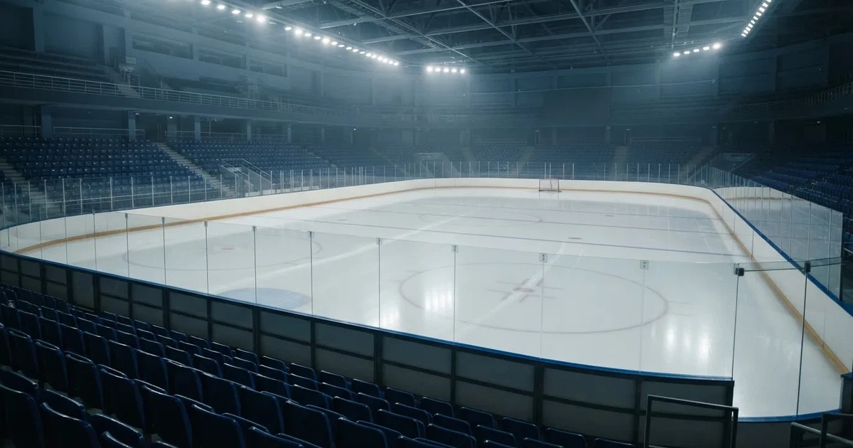 Eine Eishockeyhalle von der Tribüne aus gesehen, spiegelglatte Eisfläche, Banden ohne Schriftzüge, helles Flutlicht.