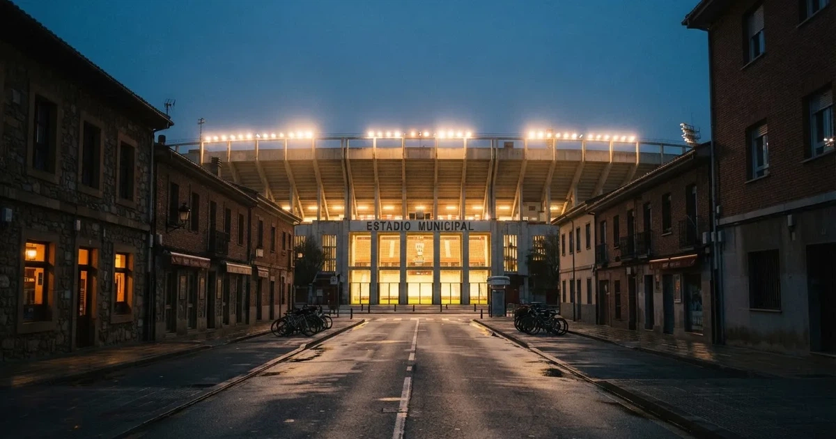 Ein Fußballstadion bei Flutlicht aus der Ferne gesehen, davor eine Straße und leuchtende Fenster eines Nebengebäudes.