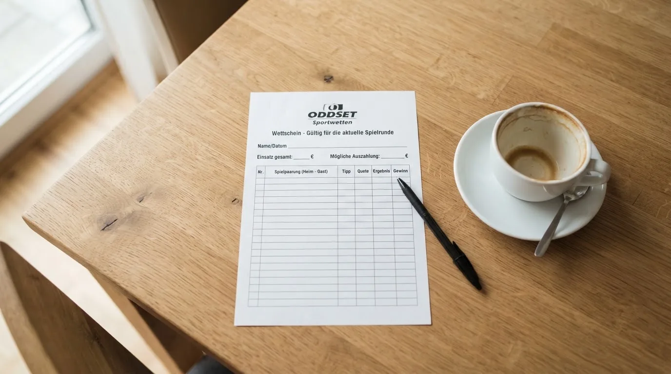 Ein leerer Wettschein aus Papier liegt neben einem Kugelschreiber und einer Tasse auf einem hellen Holztisch.