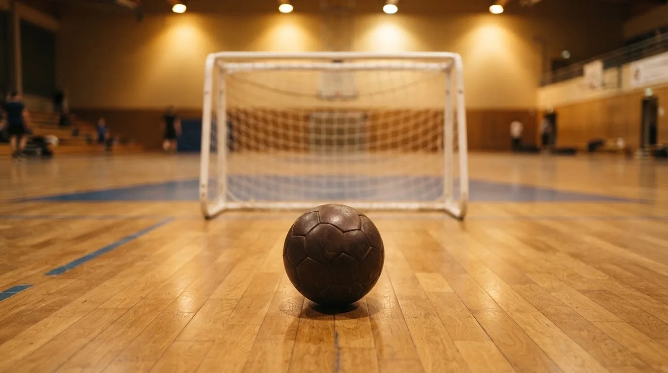 Ein kleiner schwerer Ball liegt in einer Halle auf dem Parkett vor einem Tor, warmes Licht aus den Deckenstrahlern.