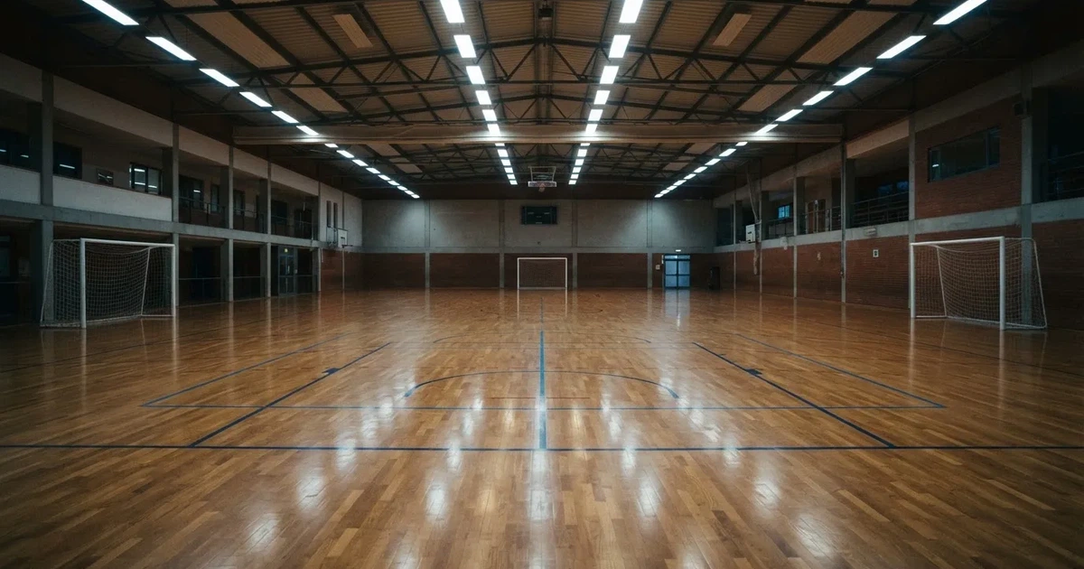 Eine leere Sporthalle mit hellem Hallenboden, kleinen Toren an beiden Enden und blauen Linien, Licht fällt von oben.