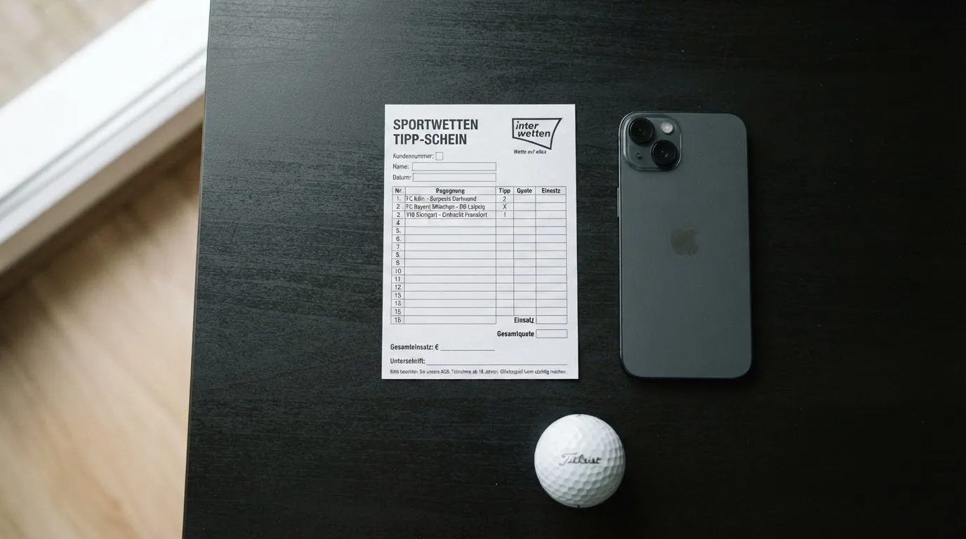 Ein leerer Wettschein aus Papier liegt neben einem Smartphone mit dunklem Display auf einem Tisch, daneben ein einzelner Golfball.