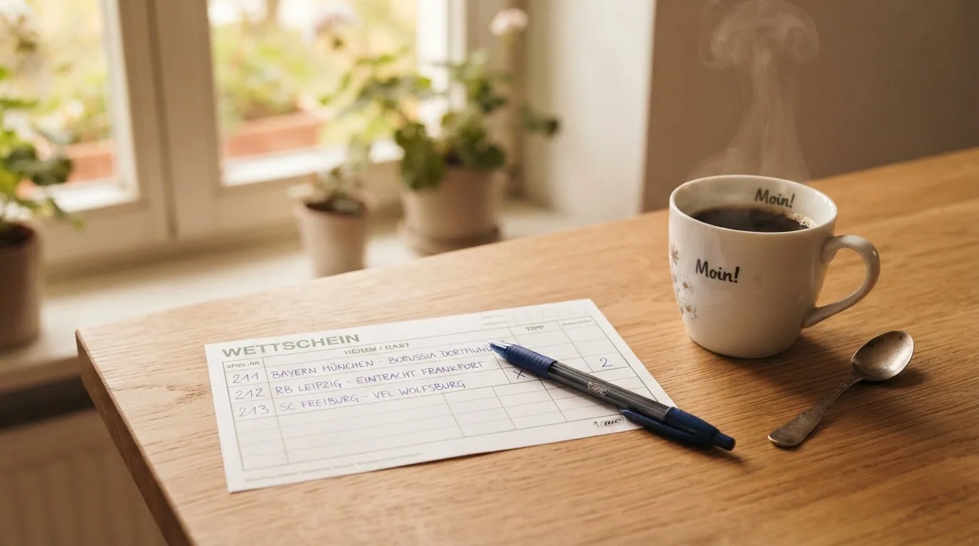 Ein leerer Wettschein aus Papier und ein Kugelschreiber liegen auf einem Schreibtisch neben einer Tasse Kaffee im Tageslicht.