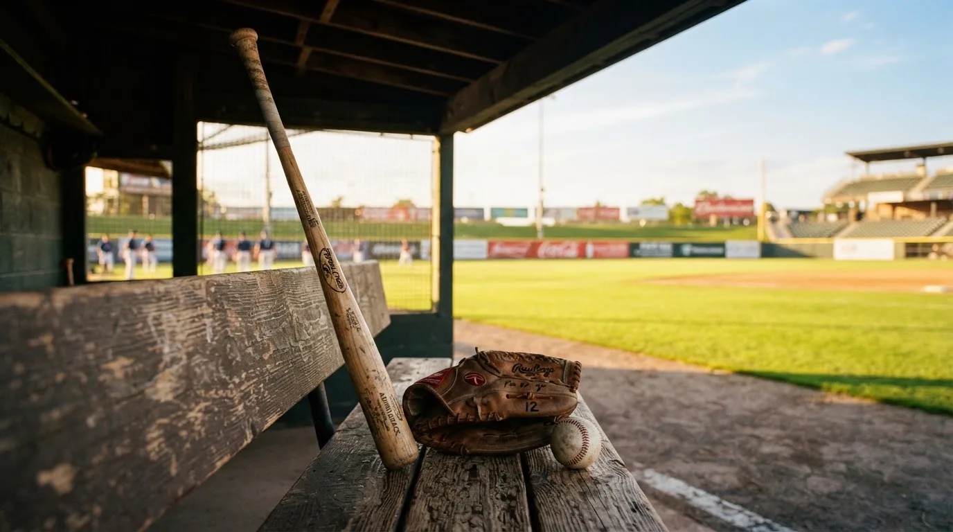 Ein Baseballschläger lehnt an einer Bank im Dugout, daneben liegen ein Handschuh und ein Ball im Licht der Nachmittagssonne.