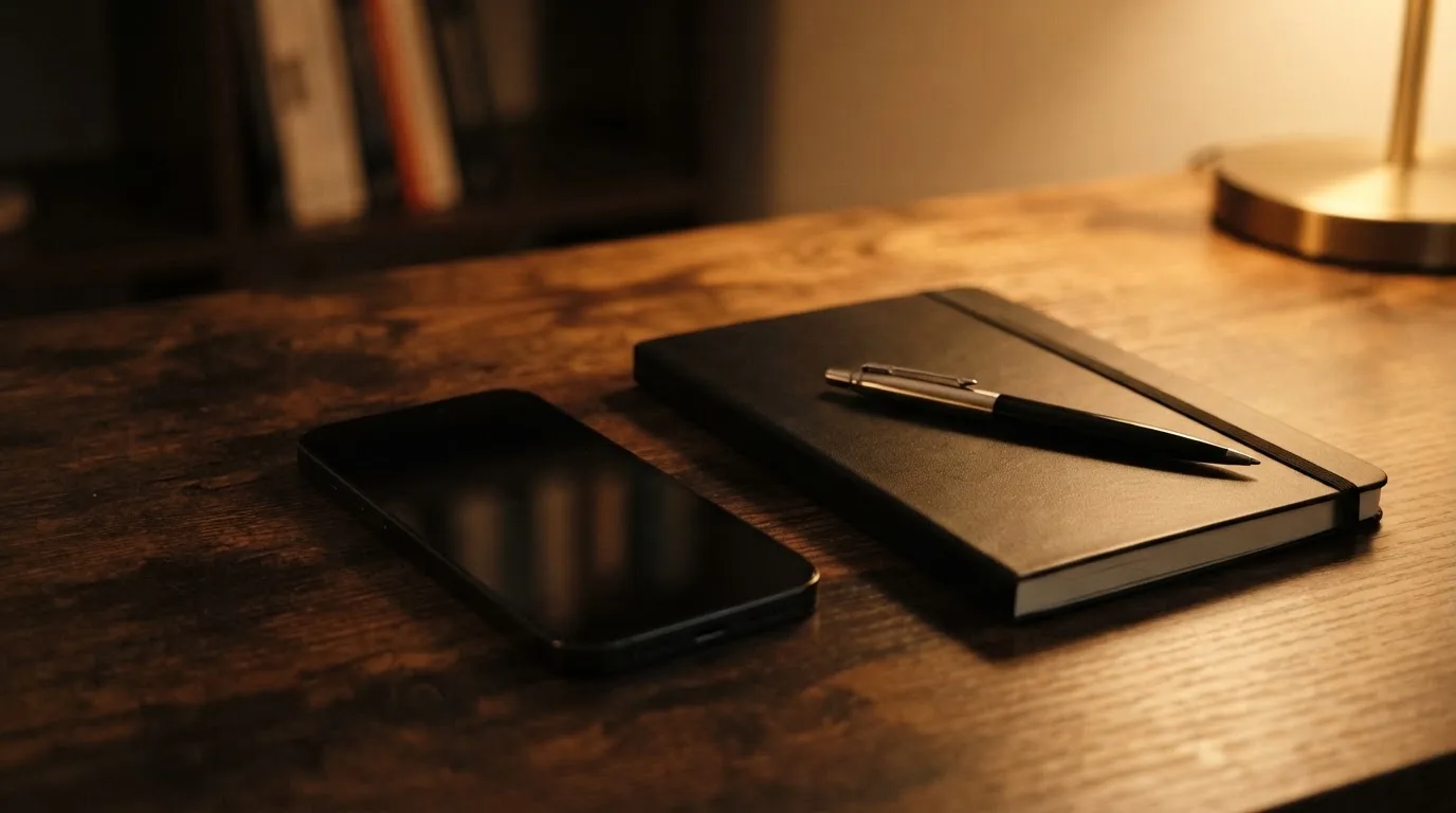 Ein Smartphone mit dunklem Display liegt neben einem Notizbuch und einem Kugelschreiber auf einem Tisch.