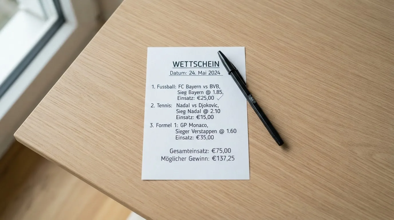 Ein leerer Wettschein aus Papier liegt neben einem Kugelschreiber auf einem Schreibtisch im Tageslicht.