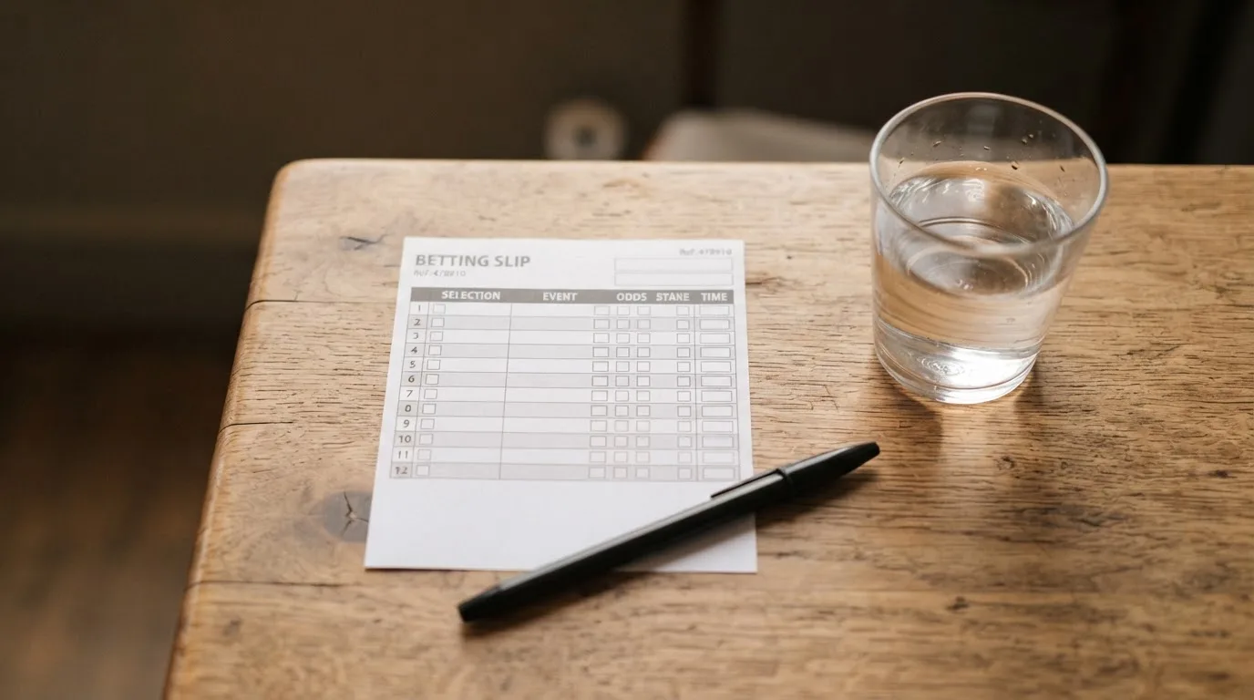 Ein leerer Wettschein aus Papier liegt neben einem Stift auf einem Tisch, daneben ein Glas Wasser.