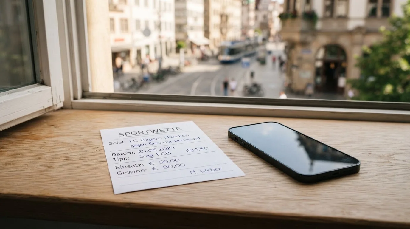 Ein leerer Wettschein aus Papier und ein Smartphone mit dunklem Display liegen auf einer Fensterbank im Tageslicht.
