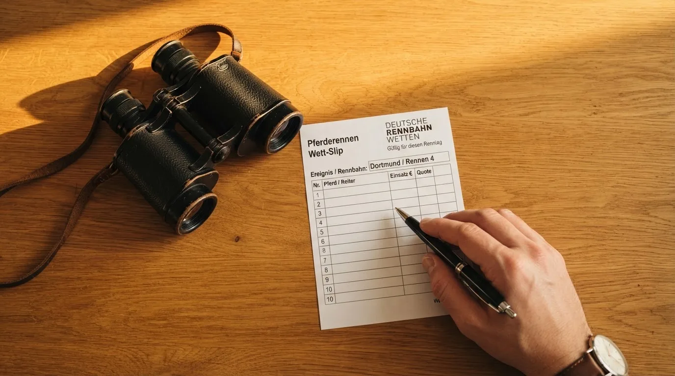 Ein leerer Wettschein aus Papier und ein Kugelschreiber liegen auf einem Holztisch neben einem Fernglas.