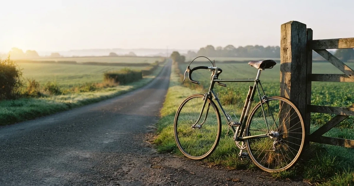 Eine Landstraße zwischen Feldern im Morgenlicht, am Straßenrand lehnt ein Rennrad ohne Aufschrift an einem Pfosten.