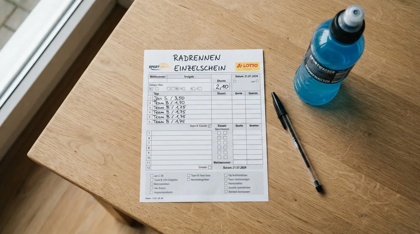 Ein leerer Wettschein aus Papier liegt neben einer Trinkflasche und einem Stift auf einem Tisch.