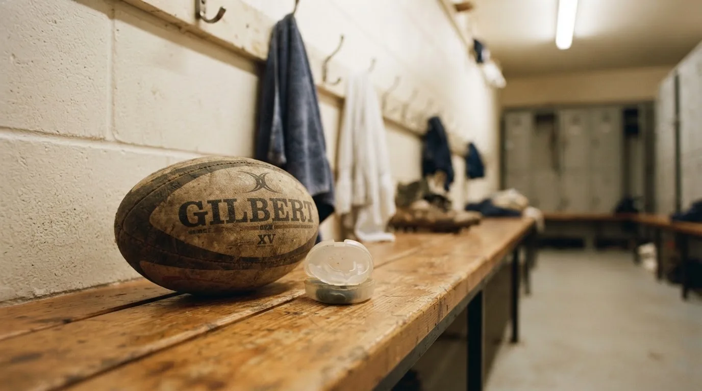 Ein Rugbyball und ein Mundschutz liegen auf einer Holzbank neben einer Reihe Kleiderhaken in einer Umkleide.