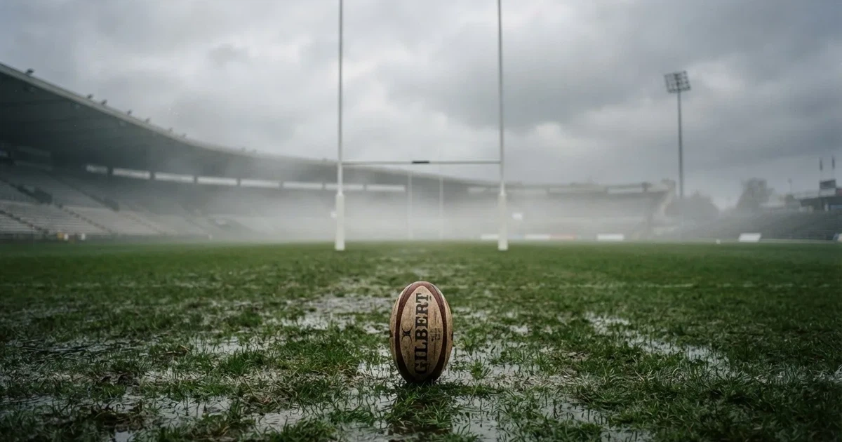 Ein ovaler Rugbyball liegt vor den hohen Torstangen auf nassem Rasen, über dem Stadion zieht Nebel auf.