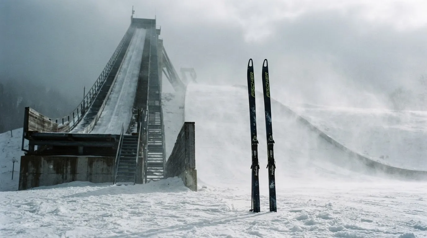 Ein Paar Skier steckt aufrecht im Schnee neben einem Anlaufturm, im Hintergrund wirbelt feiner Schnee im Wind.