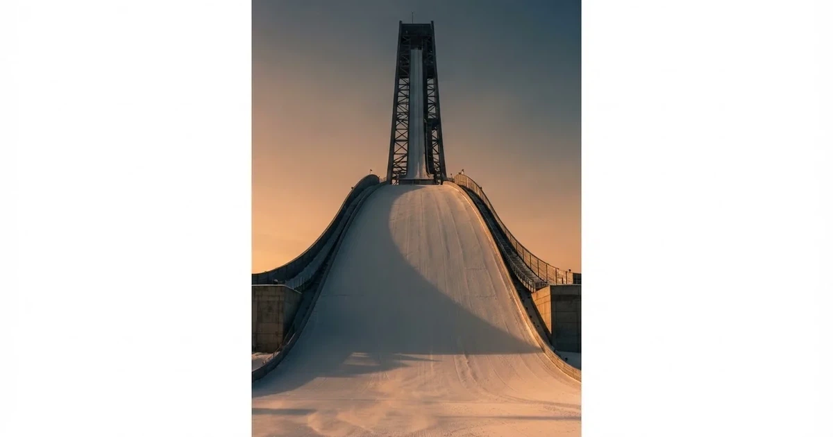 Eine Skisprungschanze im Schnee, von unten gesehen, vor einem klaren Winterhimmel in der Dämmerung, ohne Menschen.