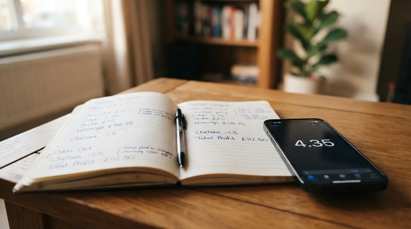 Ein aufgeschlagenes Notizbuch mit handschriftlichen Rechnungen liegt neben Stift und Smartphone auf einem Holztisch im Tageslicht.