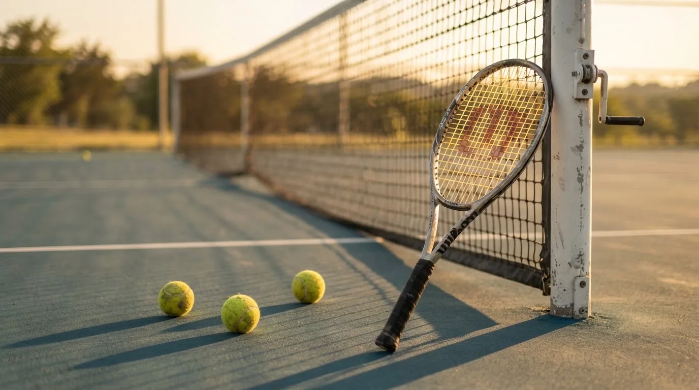 Ein Tennisschläger lehnt an einem Netzpfosten, daneben liegen drei Bälle auf einem Hartplatz in warmem Nachmittagslicht.