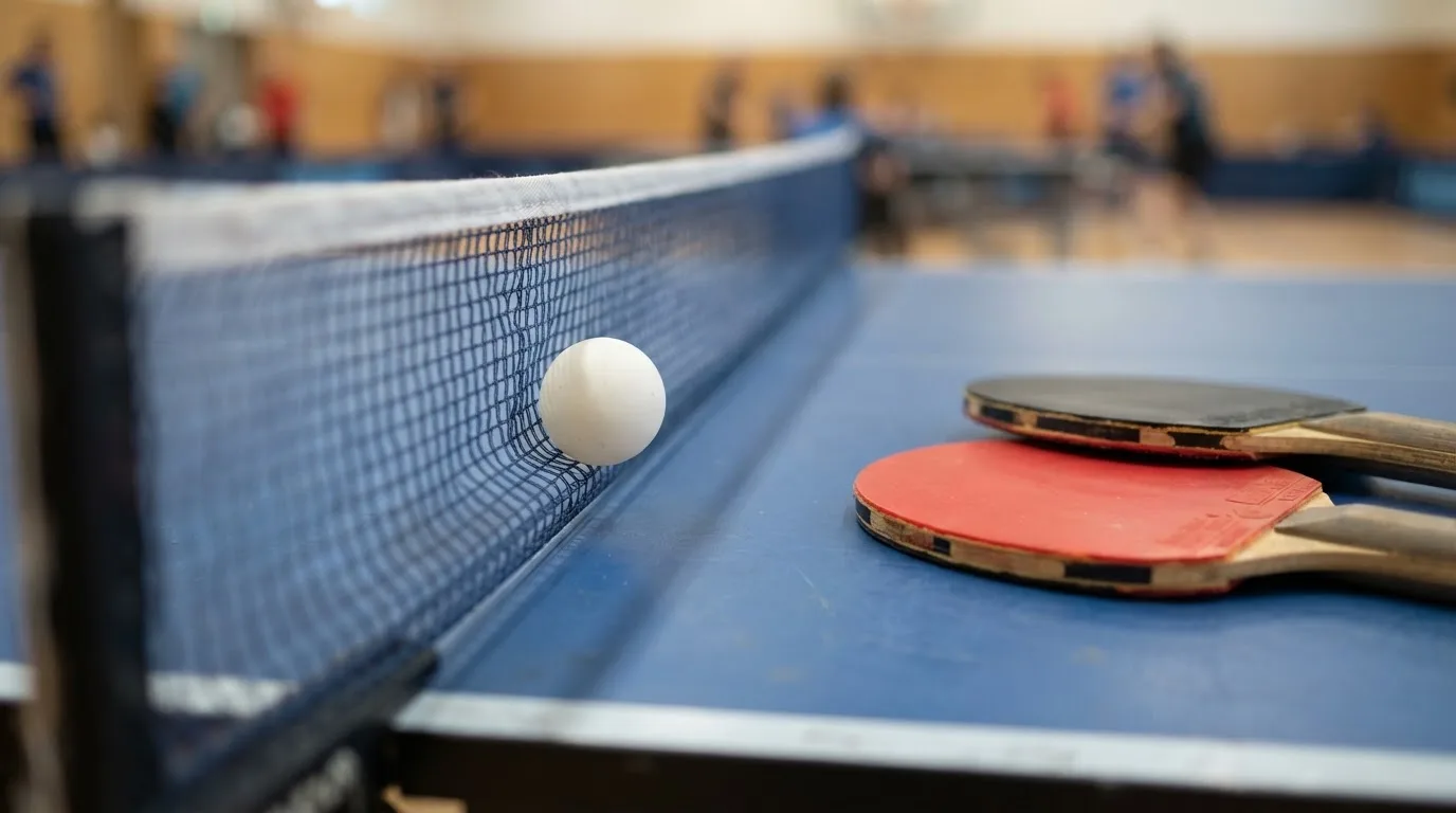 Ein weißer Ball liegt in Nahaufnahme auf der Netzkante einer Tischtennisplatte, daneben zwei Holzschläger mit rotem und schwarzem Belag.