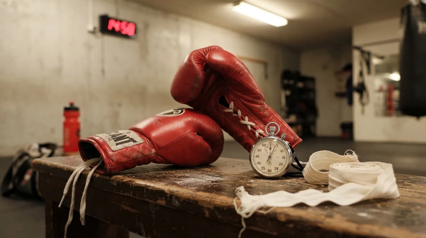 Ein Paar Kampfhandschuhe und eine Stoppuhr liegen auf einer Bank im Trainingsraum neben einer aufgerollten Handbandage.