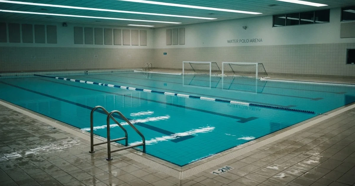 Ein Schwimmbecken mit türkisfarbenem Wasser und zwei schwimmenden Torrahmen am gegenüberliegenden Beckenrand, menschenleer unter Hallenlicht.