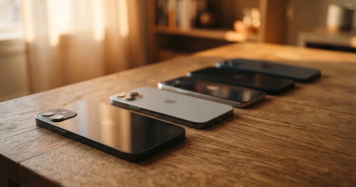 Mehrere Smartphones unterschiedlicher Größe liegen nebeneinander auf einem Holztisch, die Bildschirme sind dunkel.