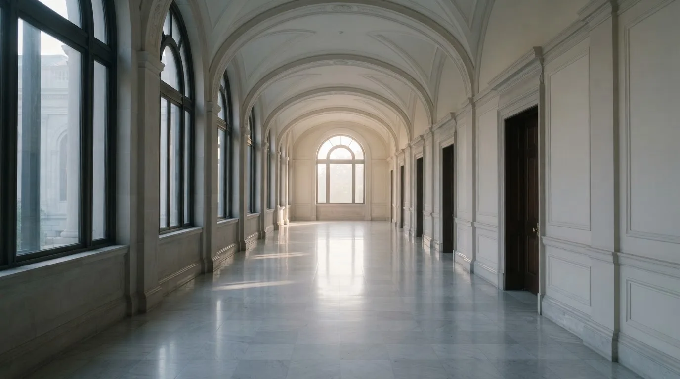 Ein leerer Amtsflur mit hohen Fenstern und glänzendem Steinboden, durch die Fenster fällt das Licht eines Vormittags.