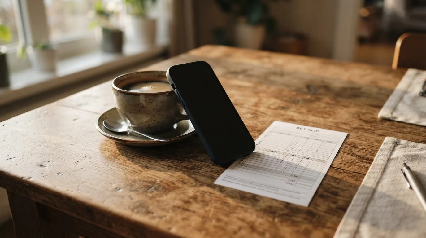 Ein Smartphone mit dunklem Bildschirm lehnt an einer Kaffeetasse auf einem Holztisch, daneben ein blanker Papier-Wettschein.