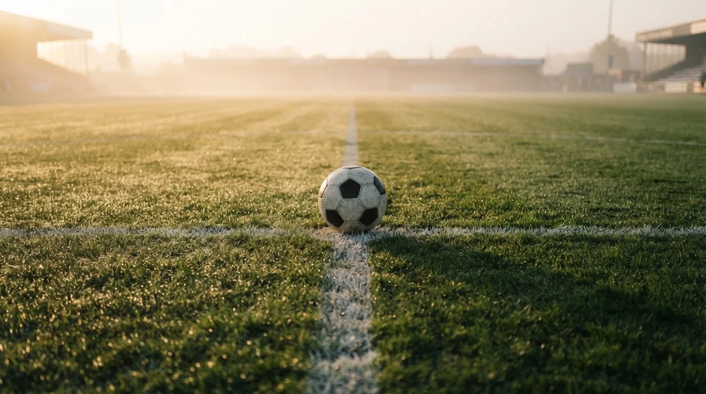 Ein Fußball liegt auf dem Anstoßpunkt eines Rasenplatzes im ersten Morgenlicht, Tau glänzt auf dem Gras.