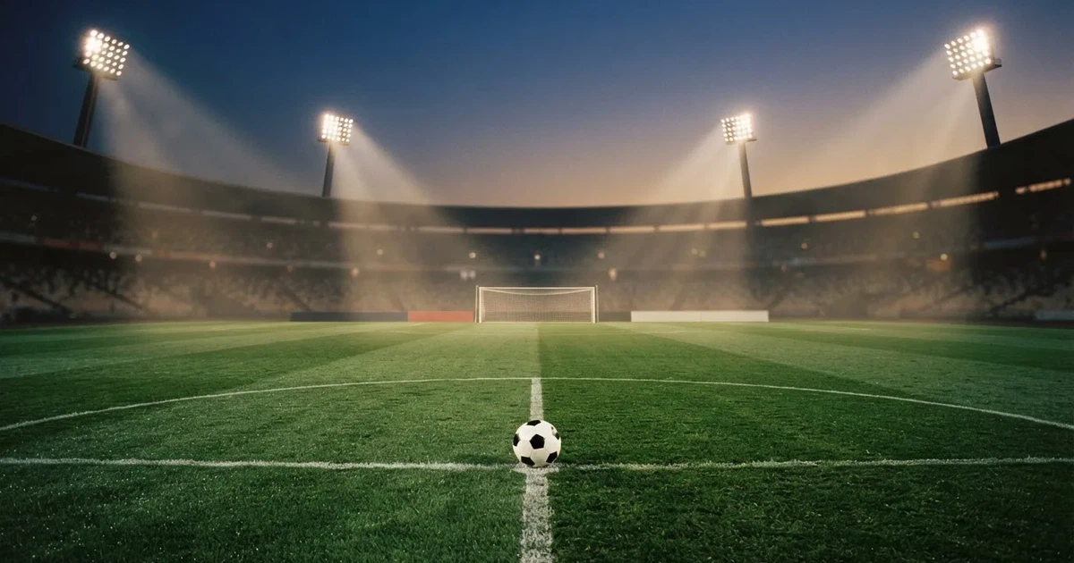 Ein Rasenplatz in der Dämmerung mit eingeschalteten Flutlichtmasten, ein Ball liegt am Anstoßpunkt, die Tribünen im Hintergrund sind unscharf.