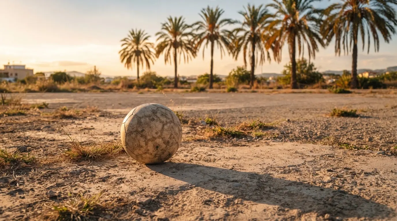 Ein Fußball liegt auf einem staubigen Bolzplatz mit Palmen im Hintergrund in warmem Abendlicht.