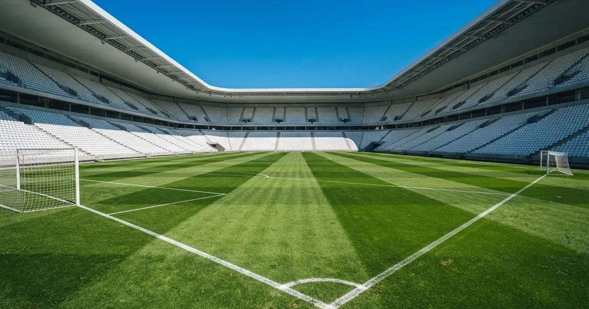 Ein Fußballstadion mit hellen Rängen unter strahlend blauem Himmel, davor ein sonnenbeschienener Rasen mit frisch gemähten Streifen.