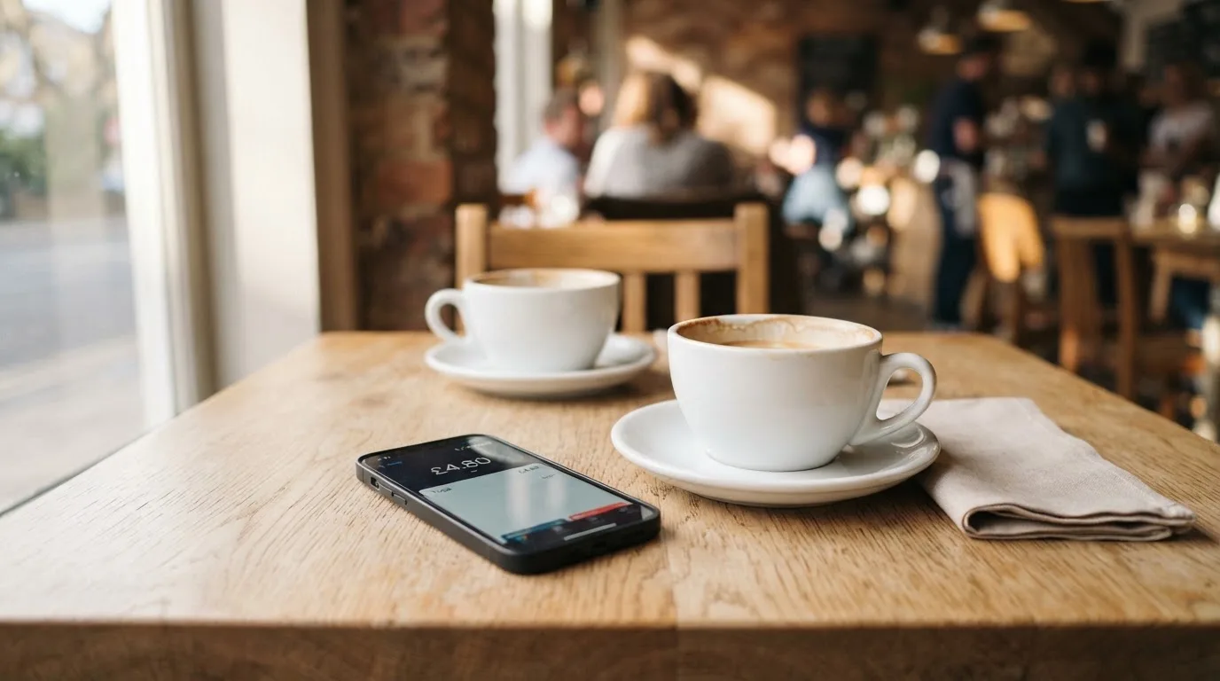 Zwei Kaffeetassen und ein dunkles Smartphone stehen auf einem Café-Tisch am Fenster im Morgenlicht.
