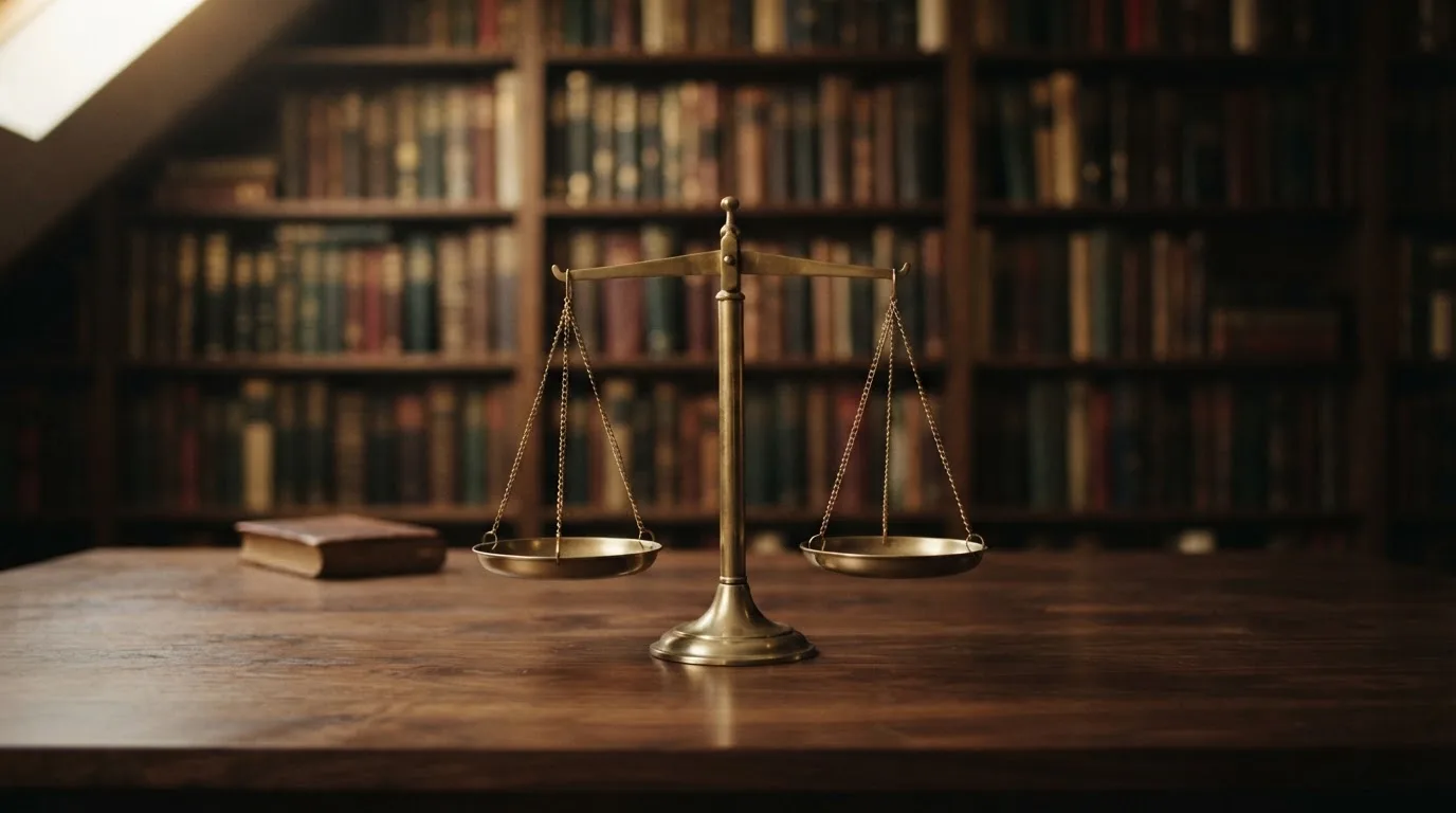Eine Messingwaage steht auf einem dunklen Holztisch, dahinter eine unscharfe Regalwand mit geschlossenen Büchern.