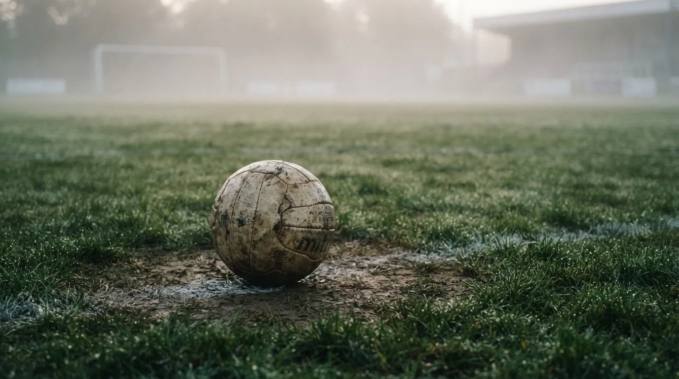 Ein abgewetzter Fußball liegt auf dem Anstoßkreis eines Naturrasens im Morgennebel.