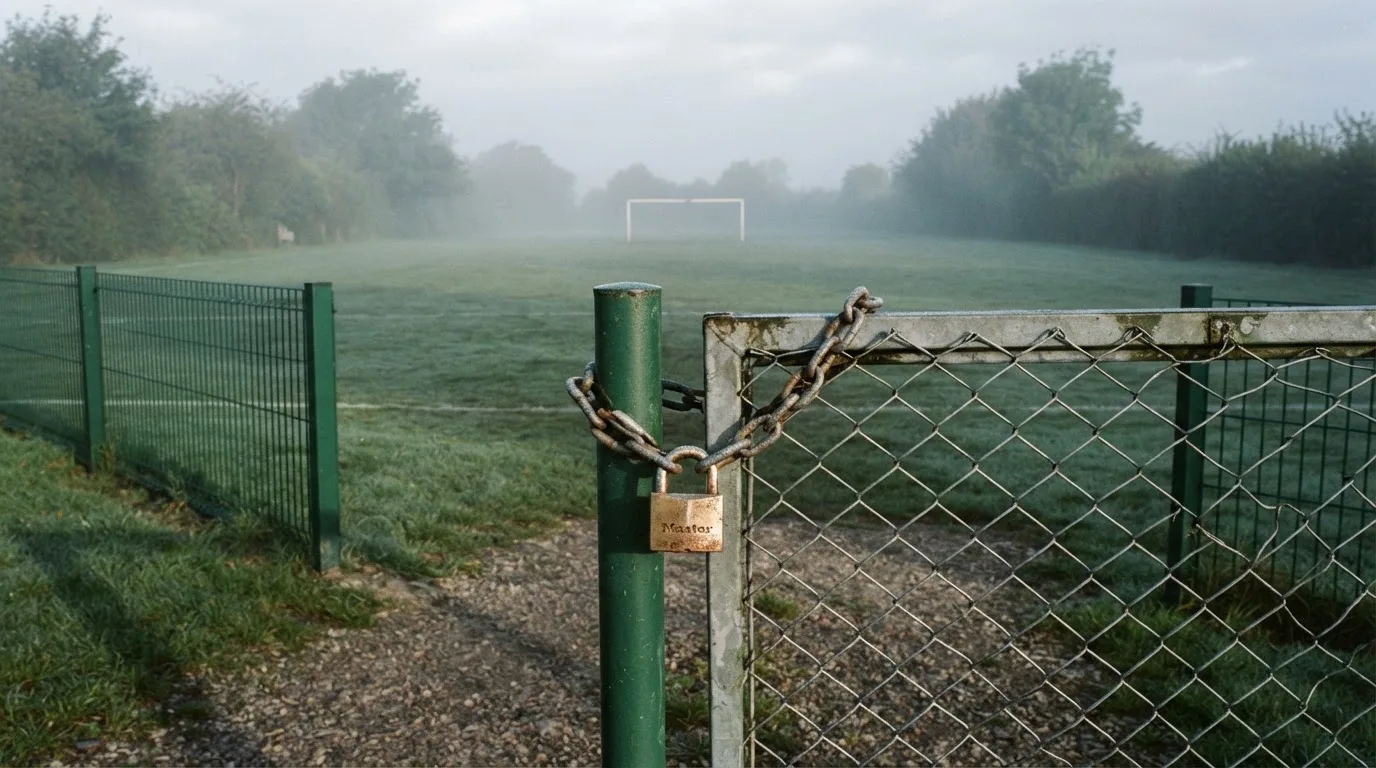 Ein geschlossenes Tor an einem Zaun mit Vorhängeschloss im Morgenlicht, dahinter ein einfacher Sportplatz.