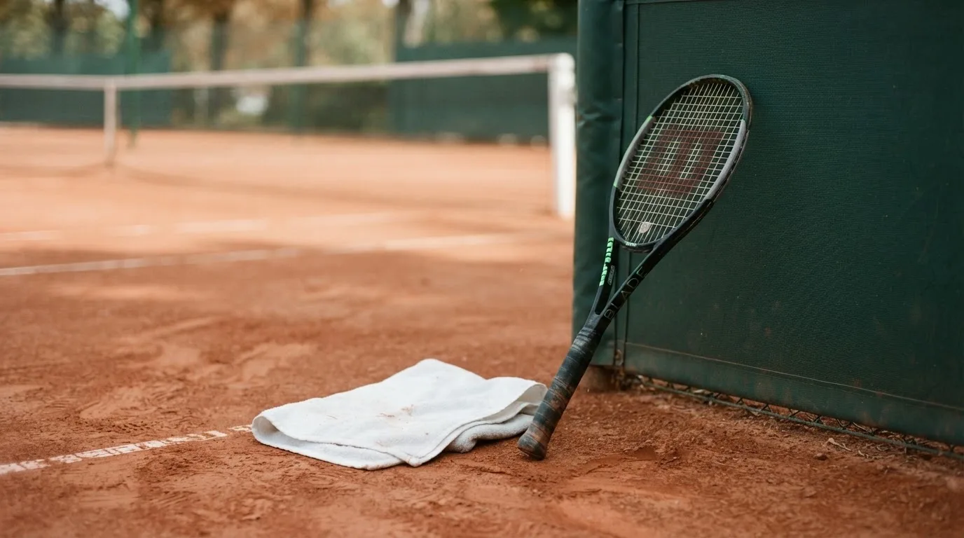 Ein Tennisschläger lehnt an einer dunkelgrünen Bande ohne Aufschrift auf einem Sandplatz, daneben liegt ein Handtuch.
